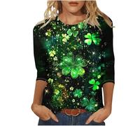 St Patricks Day Shirt Women 3/4 Sleeve Top Lucky Irish Shamrock Graphic Tees Sparkly Glitter Clover Blouse Round Neck Tunic Top Graphic Tees Funny Festival Blouse Tunic Tops Oversize Sweatshirts XL
