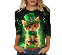 St Patricks Day Shirt Women 3/4 Sleeve Top Lucky Irish Shamrock Graphic Tees Sparkly Glitter Clover Blouse Round Neck Tunic Top Graphic Tees Funny Festival Blouse Tunic Tops Oversize Sweatshirts
