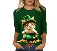 St Patricks Day Shirt Women 3/4 Sleeve Top Lucky Irish Shamrock Graphic Tees Sparkly Glitter Clover Blouse Round Neck Tunic Top Graphic Tees Funny Festival Blouse Tunic Tops Oversize Sweatshirts