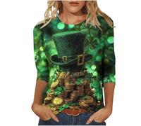 St Patricks Day Shirt Women 3/4 Sleeve Top Lucky Irish Shamrock Graphic Tees Sparkly Glitter Clover Blouse Round Neck Tunic Top Graphic Tees Funny Festival Blouse Tunic Tops Oversize Sweatshirts M