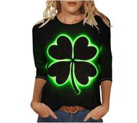 St Patricks Day Shirt Women 3/4 Sleeve Top Lucky Irish Shamrock Graphic Tees Sparkly Glitter Clover Blouse Round Neck Tunic Top Graphic Tees Funny Festival Blouse Tunic Tops Oversize Sweatshirts XXL