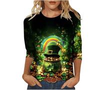 St Patricks Day Shirt Women 3/4 Sleeve Top Lucky Irish Shamrock Graphic Tees Sparkly Glitter Clover Blouse Round Neck Tunic Top Graphic Tees Funny Festival Blouse Tunic Tops Oversize Sweatshirts