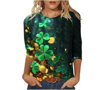 St Patricks Day Shirt Women 3/4 Sleeve Top Lucky Irish Shamrock Graphic Tees Sparkly Glitter Clover Blouse Round Neck Tunic Top Graphic Tees Funny Festival Blouse Tunic Tops Oversize Sweatshirts XL