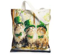 St.Patrick's Day Siberian Cat Canvas Tote Bag for Shopping 13x15, Window Fun Kitten Reusable Grocery Print Pattern Bag for Women, Shamrock Pet Aesthetic Painting Gift Decor