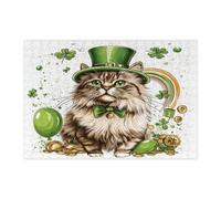 St.Patrick's Day Siberian Cat Jigsaw Puzzles for Adults 300 Piece, Fun Cute Kitten Wooden Puzzles, Shamrock Pet Pattern Decor for Home Entertainment
