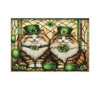 St.Patrick's Day Siberian Cat Jigsaw Puzzles for Adults 300 Piece, Stained Glass Kitten Wooden Puzzles, Shamrock Pet Pattern Decorations for Home Entertainment
