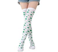 St Patricks Day Socks Thigh High Socks for Women Green Stripe White Stockings Over the Knee High Socks with Irish Shamrock Patterns St Patricks Day Outfit Costumes Gifts for Women