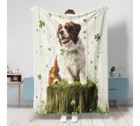 St Patricks Day St. Bernard Dog Blanket 60x80 Inch, Clover Wood Soft Fuzzy Flannel Throw Blankets for Couch Sofa Travel, Pet Home Bed Decor