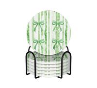 St. Patricks Day Straight Green Stripe with Bow Ceramic Coasters with Holder Set of 6 Coffee Cup Drink Coasters