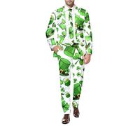 St. Patricks Day Suits for Men Irish Clover Shamrock Printed Blazer Trousers Leprechaun Fancy Dress Holiday Costume 2 Piece Tuxedo Spring Party Suits (A01-Green, XL)