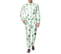 St. Patricks Day Suits for Men Irish Clover Shamrock Printed Blazer Trousers Leprechaun Fancy Dress Holiday Costume 2 Piece Tuxedo Spring Party Suits (A08-White, M)