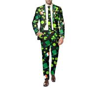 St. Patricks Day Suits for Men Irish Clover Shamrock Printed Blazer Trousers Leprechaun Fancy Dress Holiday Costume 2 Piece Tuxedo Spring Party Suits (A01-AG, XL)