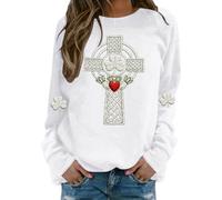 St Patrick's Day Sweatshirt For Women Celtic Cross Graphic Christian Faith Sweatshirt Irish Shamrock Print Pullovers Ireland Going Out Tops St Paddy's Day Holiday Festival Outfit,White,L