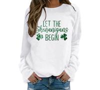 St Patrick's Day Sweatshirt Women,Funny Let The Shenanigans Begin Shamrock Printed Pullover Tops Oversized Lucky Clover Graphic Top Irish Festive Holiday Wear March 17th Outfit,White,XL