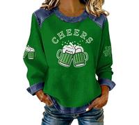 St Patrick's Day Sweatshirt Women Funny Shamrock Heart Print Graphic Sweatshirt Retro Waffle Knit Denim Patchwork Pullover Tops Irish Celebration Costume Ireland Holiday Outfit,Za-Green1,S