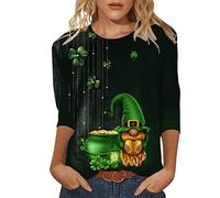 St Patrick's Day T Shirts for Women Lucky Shamrock Print 3/4 Sleeve Blouse Crew Neck T Shirts Clover Pattern Top Casual Novelty Pullover Saint Patrick's Day Outfits Clothes for Girls Ladies (Z, M)