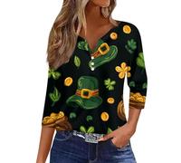 St Patricks Day T Shirts for Women Saint Patrick's Day Tops Henley Neck 3/4 Sleeve Tees Lucky Irish Shamrock Blouse Ladies Paddy's Day Outfits Clothes Ireland Clover Tshirt(Black, XXL)