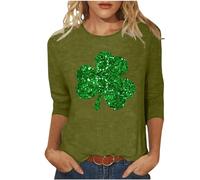 St Patricks Day T Shirts for Women Saint Patrick's Day Tops Round Collar 3/4 Sleeve Tees Lucky Irish Shamrock Blouse Ladies Paddy's Day Outfits Clothes Ireland Clover Tshirt Plus Size Sweatshirts