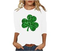 St Patricks Day T Shirts for Women Saint Patrick's Day Tops Round Collar 3/4 Sleeve Tees Lucky Irish Shamrock Blouse Ladies Paddy's Day Outfits Clothes Ireland Clover Tshirt Plus Size Sweatshirts
