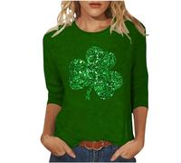 St Patricks Day T Shirts for Women Saint Patrick's Day Tops Round Collar 3/4 Sleeve Tees Lucky Irish Shamrock Blouse Ladies Paddy's Day Outfits Clothes Ireland Clover Tshirt Plus Size Sweatshirts