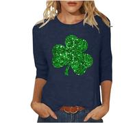 St Patricks Day T Shirts for Women Saint Patrick's Day Tops Round Collar 3/4 Sleeve Tees Lucky Irish Shamrock Blouse Ladies Paddy's Day Outfits Clothes Ireland Clover Tshirt Plus Size Sweatshirts
