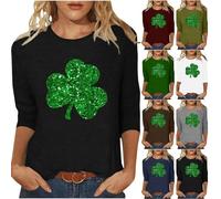 St Patricks Day T Shirts for Women Saint Patrick's Day Tops Round Collar 3/4 Sleeve Tees Lucky Irish Shamrock Blouse Ladies Paddy's Day Outfits Clothes Ireland Clover Tshirt Plus Size Sweatshirts
