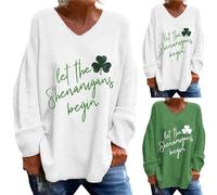 St Patricks Day T Shirts for Women Shamrock T-Shirt Pullover 3/4 Sleeve Shirts Lucky Irish Clover Blouse Ladies Paddy's Day Outfits Clothes Ireland Clover Tshirt Plus Size Sweatshirts (White, L)