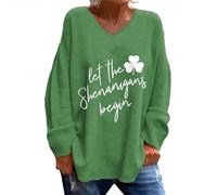 St Patricks Day T Shirts Womens Tops St Patrick's Day Long Sleeve Shirt Irish Shamrock T-Shirts V Neck Blouse Workout Oversized Women's Clothes (A-Green, XL)