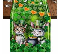 St. Patrick's Day Table Runner, Watercolor Green Hat Cat Rabbit Shamrocks Green Plaid Cotton and Table Linen Runner for Kitchen Dining Home Decor for Party Festival Holiday Decoration Gift 18x72in