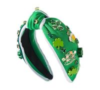 St. Patrick's Day Theme Headband - Rhinestone Stones and Irish Celtic Design, Green Headband with Clover - for Daily Use for Girls Women Parties Christmas