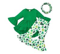 St Patricks Day Toddler Baby Girl Outfits Long Sleeve Tunic Top Dress Shirt+Clover Bell Bottom Pants+Neckerchief Set Children's St Patrick's Day Leprechaun Clothes (Green, 6-12 Months)
