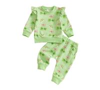 St Patrick's Day Toddler Baby Girl Outfits Sweatshirt Ruffle Long Sleeve Bow Print Spring Elastic Infant Girls Pullover Tops Lucky Clover Pants Pocket Outfit Clothes Set (Green, 3-6 Months)