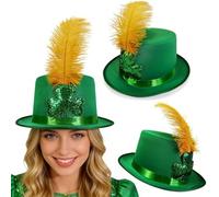 St Patricks Day Top Hat Green Shamrock Clover Irish PartyHat with Yellow Feather One Size Unisex Paddys Day Hat Leprechaun Style Accessory Irish Fancy Dress Hats for Festival Community Events