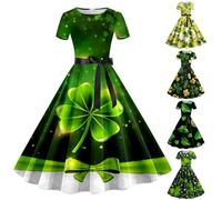 St. Patrick's Day Vintage Short Sleeved Sexy Print Dress Midi Dress Plus Size Womens Dresses Plus Size Irish Dancing Dress Ladies St Patricks Day Fancy Dress (Green, XXL)