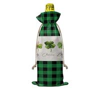 St Patricks Day Wine Bottle Bags Wine Bottle Cover with Drawstring, Green Black Buffalo Plaid Rustic Red Shamrock Irish Saint Gift Bag for Champagne, Wedding, Birthday, Party