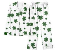 ST. Patrick's Day Women's Pyjama Sets Clearance Ireland Irish Lucky Shamrock Nightwear Loungewear Long Sleeve Buckle Lapel Shirt Top Casual Loose Trousers Pants Set Cotton Sleepwear Fit Party Suit