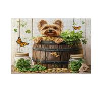St.Patrick's Day Yorkie Dog Jigsaw Puzzles for Adults 300 Piece, Rustic Fun Puppy Wooden Printed Puzzles, Farmhouse Pet Pattern Decorations for Home Entertainment