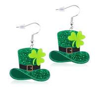 St Patricks Earrings, Fashionable Acrylic Lucky Green Leaf Clover Shamrock Top Hat Dangle Jewelry Gift Irish Earrings for Women Saint St. Patrick Outfit Accessories
