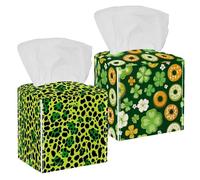 St. Patrick's Four Leaf Clover 2 Pieces Square Tissue Box Cover, Facial Paper Organizer Holder, Soft Tissue Box Case for Bathroom, Vanity Countertop, Dresser, Bedroom, Desktop