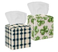 St. Patrick's Four Leaf Clover Tissue Box Cover, 2 Packs Tissue Box Holder with Bottom Belt, PU Leather Paper Organizer Case for Tabletop, Bedroom, Car, Office, Bathroom