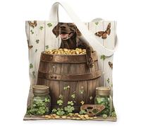 St.Patrick's German Shorthaired Pointer Dog Canvas Tote Bag for Shopping 13x15, Rustic Puppy Reusable Grocery Print Bag for Women, Farmhouse Pet Beach Aesthetic Painting Gift Decor