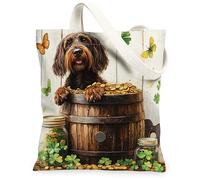 St.Patrick's German Wirehaired Pointer Dog Canvas Tote Bag for Shopping 13x15, Rustic Puppy Reusable Grocery Print Bag for Women, Farmhouse Pet Beach Aesthetic Painting Gift Decor