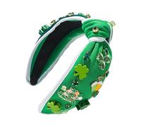 St Patricks Headband - 5.51" x 6.69" Rhinestone Irish Knotted Hair Accessory, Shiny Clover Jewels Headpiece, Green Velvet Band -