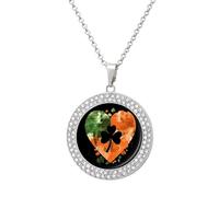 St. Patricks Shamrock_ Ireland Flag Clover Heart Funny Necklace With Printed Pendant Novelty Diamond Jewelry for Women Men Silver/Gold