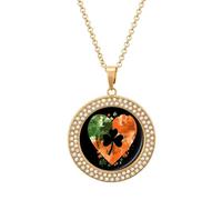 St. Patricks Shamrock_ Ireland Flag Clover Heart Funny Necklace With Printed Pendant Novelty Diamond Jewelry for Women Men Silver/Gold