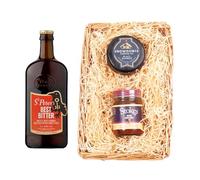 St. Peter’s Brewery Wicker Tray Gift Set | Best Bitter Ale 500ml 3.7% ABV | Snowdonia Black Bomber Cheese 200g | Stokes Beer Chutney 250g