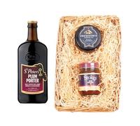 St. Peter’s Brewery Wicker Tray Gift Set | Plum Porter Ale 500ml 5% ABV | Snowdonia Black Bomber Cheese 200g | Stokes Beer Chutney 250g