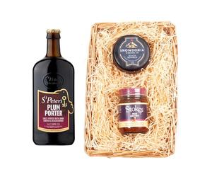 St. Peter’s Brewery Wicker Tray Gift Set | Plum Porter Ale 500ml 5% ABV | Snowdonia Black Bomber Cheese 200g | Stokes Beer Chutney 250g