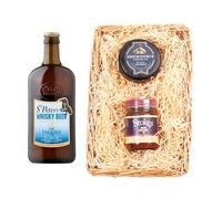 St. Peter’s Brewery Wicker Tray Gift Set | Whisky Beer Ale 500ml 4.8% ABV | Snowdonia Black Bomber Cheese 200g | Stokes Beer Chutney 250g