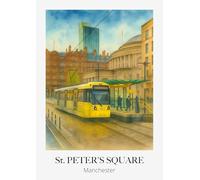 St. Peter's Square Manchester Urban Art Print, City Tram Scene Wall Decor. Size A4